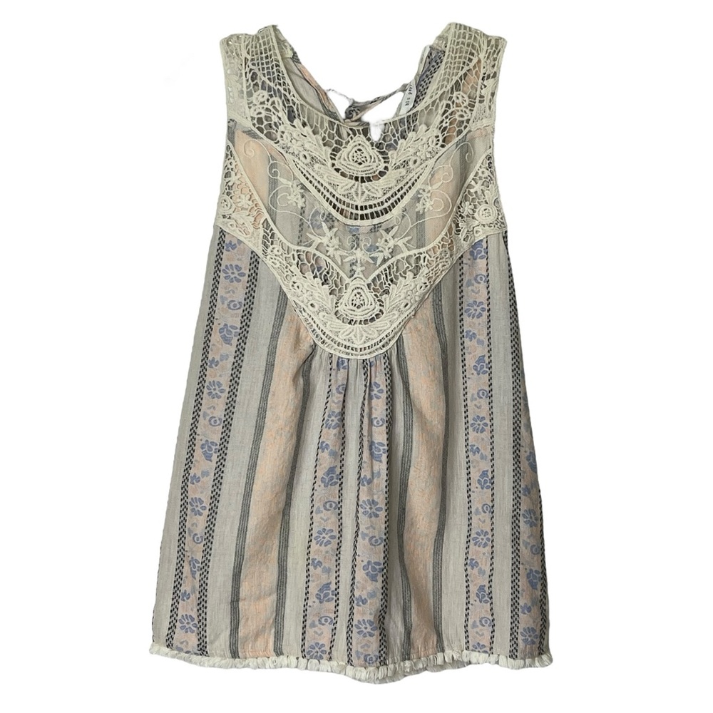 Blu Pepper Boho Multi Color Crochet Lace Sleeveless Back Tie Blouse Top Womens L